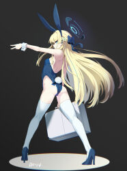 Rule 34 | 1girl, animal ears, armpits, artist name, ass, bare arms, bare back, bare shoulders, black background, blonde hair, blue archive, blue bow, blue eyes, blue footwear, blue leotard, bow, braid, breasts, briefcase, fake animal ears, fake tail, floating hair, from behind, full body, hair bow, halo, hibi tsuna, high heels, highleg, highleg leotard, highres, holding, holding briefcase, leotard, long hair, looking at viewer, multicolored hair, official alternate costume, outstretched arm, rabbit ears, rabbit tail, small breasts, solo, streaked hair, tail, thighhighs, toki (blue archive), toki (bunny) (blue archive), very long hair, white thighhighs, wrist cuffs