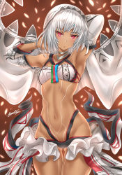 Rule 34 | 10s, 1girl, absurdres, altera (fate), armpits, bare shoulders, blush, breasts, cowboy shot, dark-skinned female, dark skin, detached sleeves, fate/extella, fate/extra, fate (series), highres, long sleeves, looking at viewer, midriff, navel, nez-box, parted lips, red eyes, short hair, small breasts, solo, tattoo, tsurime, veil, white hair