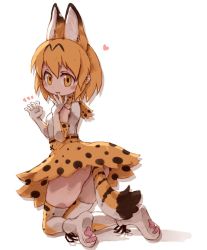 Rule 34 | 10s, 1girl, animal ears, animal hands, ass, belt, black belt, blush, boots, bow, breasts, closed mouth, extra ears, finger in own mouth, from behind, full body, gloves, hair between eyes, hands up, heart, high-waist skirt, highres, kemono friends, kneeling, knees together feet apart, kolshica, looking at viewer, looking back, multicolored bow, multicolored clothes, multicolored gloves, multicolored legwear, multicolored neckwear, no eyebrows, orange bow, orange eyes, orange gloves, orange hair, orange neckwear, orange skirt, orange thighhighs, serval (kemono friends), serval tail, shirt, short hair, silhouette, simple background, skirt, sleeveless, sleeveless shirt, small breasts, smile, solo, striped tail, tail, thighhighs, white background, white bow, white footwear, white gloves, white neckwear, white shirt, white thighhighs