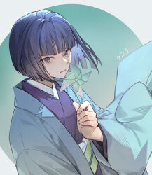 Rule 34 | 1girl, blue jacket, blunt bangs, bob cut, closed mouth, commentary, english commentary, from above, from side, hand up, haori, holding pinwheel, jacket, japanese clothes, kasuga yomi, kekkaishi, kimono, long sleeves, looking at viewer, looking to the side, obi, purple eyes, purple hair, purple kimono, sash, solo, upper body, yoshicha