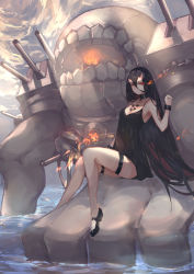 Rule 34 | 1girl, absurdres, abyssal ship, areola slip, battleship princess, black dress, black footwear, black hair, breasts, commentary request, dress, full body, highres, horns, kantai collection, long hair, medium breasts, outdoors, red eyes, shoes, very long hair, water, wrist cuffs, yan ge