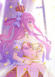 Rule 34 | 1girl, blush, bracelet, breasts, candy hair ornament, commentary request, crown, cup, dress, fingernails, food-themed hair ornament, fukuro daizi, glint, hair ornament, hair rings, highres, himemori luna, holding, holding cup, holding saucer, hololive, jewelry, long hair, looking to the side, multicolored hair, pink hair, purple eyes, saucer, short sleeves, solo, teacup, virtual youtuber