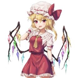 Rule 34 | 1girl, :d, ascot, banned artist, blonde hair, blush, bow, breasts, commentary request, crystal, duplicate, eyelashes, fangs, finger to mouth, flandre scarlet, frilled shirt collar, frilled skirt, frills, hat, hat ribbon, heart, heart of string, highres, index finger raised, looking at viewer, minust, mob cap, multicolored wings, one side up, open mouth, petticoat, puffy short sleeves, puffy sleeves, red eyes, red ribbon, red skirt, red vest, ribbon, shirt, short hair, short hair with long locks, short sleeves, side ponytail, simple background, skirt, small breasts, smile, solo, standing, touhou, vest, white background, white hat, white shirt, wings, wrist cuffs, yellow ascot
