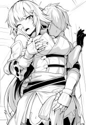 Rule 34 | 1girl, bare shoulders, blush, grabbing another&#039;s breast, breasts, cleavage, gauntlets, grabbing, gran (granblue fantasy), granblue fantasy, greyscale, groping, large breasts, leona (granblue fantasy), long hair, monochrome, one eye closed, open mouth, ponytail, shiseki hirame, single gauntlet, single sleeve, solo focus, thighhighs, thighs, very long hair