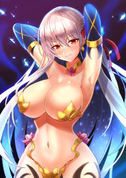 Rule 34 | 1girl, armlet, armor, armpits, arms behind head, bare shoulders, bikini armor, blush, breasts, cleavage, closed mouth, collar, earrings, fate/grand order, fate (series), flower, hair between eyes, hair ribbon, highleg, highres, hip focus, jewelry, kama (fate), kama (third ascension) (fate), large breasts, long hair, looking at viewer, metal collar, navel, red eyes, ribbon, rothy (user cezn8425), silver hair, smile, solo, sparkle, very long hair