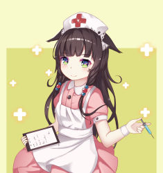 Rule 34 | 1girl, animal ear fluff, animal ears, aoman de cangshu, apron, black hair, blue eyes, blunt bangs, blush, character request, closed mouth, copyright request, dress, green eyes, hair ornament, hand up, hat, highres, holding, holding needle, long hair, looking at viewer, needle, note, nurse, nurse cap, pink dress, short sleeves, sitting, smile, solo, wariza, wrist cuffs