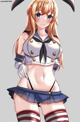 Rule 34 | 1girl, black hairband, black neckerchief, black panties, blonde hair, blue eyes, blue sailor collar, blue skirt, braid, breasts, cosplay, cowboy shot, crop top, elbow gloves, french braid, gloves, grey background, hairband, highleg, highleg panties, highres, kantai collection, large breasts, long hair, looking at viewer, microskirt, miniskirt, mizuki (uzuki no sato), neckerchief, one-hour drawing challenge, panties, pleated skirt, sailor collar, shimakaze (kancolle), shimakaze (kancolle) (cosplay), shirt, simple background, skirt, sleeveless, sleeveless shirt, smile, solo, striped clothes, striped thighhighs, thighhighs, underwear, warspite (kancolle), white gloves