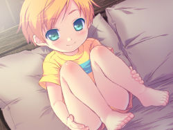 Rule 34 | 1boy, barefoot, child, claus (mother 3), face, feet, green eyes, male focus, mother (game), mother 3, nintendo, orange hair, qvga, senntakuya, shirt, smile, solo, striped clothes, striped shirt
