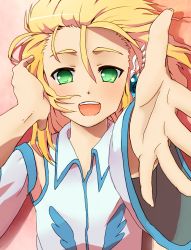 Rule 34 | 1boy, blonde hair, collar, commentary request, detached sleeves, earrings, el shaddai, enoch, green eyes, hair between eyes, hand on own cheek, hand on own face, happy, jewelry, kanae (kanaunko), looking at viewer, male focus, open mouth, outstretched arm, shirt, short hair, simple background, solo, white shirt