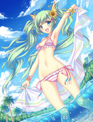 Rule 34 | 1girl, ahoge, arm up, bikini, blue sky, bracelet, breasts, bubble, butterfly hair ornament, cloud, day, dutch angle, floating hair, green eyes, green hair, hair ornament, hatsune miku, highres, jewelry, long hair, looking at viewer, matching hair/eyes, musical note, navel, necklace, open mouth, palm tree, pearl necklace, quaver, ring, side-tie bikini bottom, sky, small breasts, solo, striped bikini, striped clothes, swimsuit, tonchan, tree, twintails, very long hair, vocaloid, wading, watch