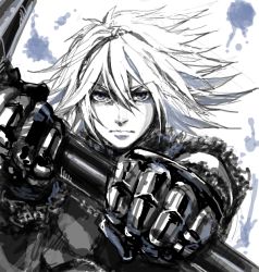 Rule 34 | 1boy, angry, blue eyes, blue theme, gauntlets, male focus, monochrome, nier, nier (series), nier (young), short hair, solo, weapon, white hair