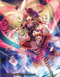 Rule 34 | 10s, 1girl, blonde hair, bow, braid, card, cardfight!! vanguard, company name, doting harlequin maja, facial mark, full body, gloves, green eyes, hat, heart, high heels, multicolored hair, official art, open mouth, pink hair, pointy ears, solo, teeth, thighhighs, two-tone hair, umiu geso