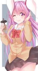 Rule 34 | 1girl, ;), alternate costume, animal ears, bad id, bad pixiv id, beige cardigan, black skirt, blush, border, bow, bowtie, breasts, bubble tea, cardigan, commentary request, contemporary, cowboy shot, cup, disposable cup, drinking straw, grey background, hair between eyes, hand in own hair, hands up, highres, hisae (hisae collect), holding, holding cup, large breasts, long hair, long sleeves, looking at viewer, miniskirt, nail polish, one eye closed, outside border, pink nails, pleated skirt, purple hair, rabbit ears, red bow, red bowtie, red eyes, reisen udongein inaba, school uniform, sidelocks, simple background, skirt, smile, solo, standing, thighs, touhou, white border