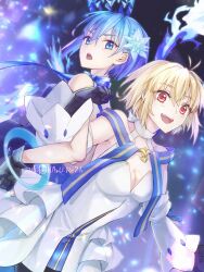 2girls arcueid_brunestud bare_shoulders blonde_hair blue_background blue_eyes blue_hair breasts ciel_(tsukihime) cleavage dress fate/grand_order fate_(series) haruto_(haru_re26) highres medium_breasts multiple_girls open_mouth red_eyes short_hair smile tsukihime tsukihime_(remake) twitter_username white_dress