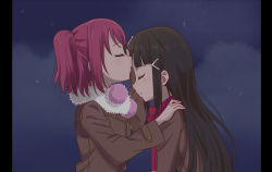 Rule 34 | 2girls, black hair, blush, commentary request, closed eyes, kissing forehead, from side, fur trim, hair ornament, hairclip, kiss, kissing forehead, kurosawa dia, kurosawa ruby, long hair, long sleeves, love live!, love live! sunshine!!, medium hair, multiple girls, night, night sky, pink hair, pom pom (clothes), red scarf, ru yue kong, scarf, siblings, sisters, sky, smile, star (sky), tearing up, two side up, upper body