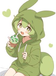Rule 34 | 1girl, absurdres, animal ears, blush, brown eyes, cup, disposable cup, drink, drinking straw, fake animal ears, fake tail, green hair, heart, highres, holding, holding cup, holding drink, hood, hood up, hoodie, long sleeves, looking at viewer, open mouth, sitting, smile, solo, tail, voicevox, zundamon, zungurimukkuri tarou