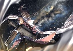 Rule 34 | 10s, 1girl, arm guards, blurry, brown hair, depth of field, fingerless gloves, foreshortening, from behind, from below, gloves, hair ornament, hairpin, kantai collection, milky way, night, night sky, scarf, school uniform, sendai (kancolle), sendai kai ni (kancolle), shooting star, short hair, sky, solo, star (sky), starry sky, torpedo, tsuuhan, turret, two side up