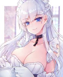 Rule 34 | 1girl, azur lane, bare shoulders, belfast (azur lane), blue eyes, braid, breasts, broken, broken chain, chain, cleavage, closed mouth, collar, collarbone, elbow gloves, frilled gloves, frills, gloves, highres, holding, large breasts, long hair, looking at viewer, maid, maid headdress, shichijou natori, sidelocks, silver hair, smile, solo, strapless, teapot, teeth, upper body, upper teeth only, white gloves, white theme