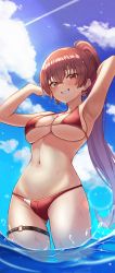 Rule 34 | 1girl, absurdres, arm behind head, armpits, arms up, bare arms, bare shoulders, bikini, breasts, cleavage, day, earrings, gluteal fold, grin, groin, halterneck, heterochromia, highres, hololive, houshou marine, houshou marine (summer), jewelry, kano (wi3028), large breasts, long hair, looking at viewer, navel, necklace, o-ring, o-ring thigh strap, outdoors, ponytail, red bikini, red eyes, red hair, skindentation, smile, solo, standing, stomach, string bikini, swimsuit, thigh strap, thighs, very long hair, virtual youtuber, wading, water, wet, yellow eyes
