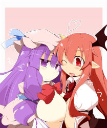 Rule 34 | 2girls, ahoge, bat wings, blush, bow, breast press, hair bow, hat, heart, heart ahoge, highres, jitome, koakuma, long hair, multiple girls, necktie, one eye closed, patchouli knowledge, pointy ears, red eyes, red hair, red necktie, shirogane (platinum), touhou, wings