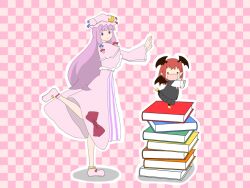 Rule 34 | . ., 2girls, :&lt;, :d, akinasu2, bat wings, book, book stack, bow, capelet, checkered background, chibi, crescent, dress, dress shirt, fairy (jintai), hair ribbon, hat, hat ribbon, head wings, jinrui wa suitai shimashita, koakuma, long hair, looking at viewer, low-tied long hair, mini person, minigirl, mob cap, multiple girls, open mouth, outline, outstretched arms, pantyhose, parody, patchouli knowledge, pointy ears, purple dress, purple eyes, purple hair, red eyes, red hair, ribbon, shirt, simple background, skirt, skirt set, slippers, smile, standing, standing on one leg, striped clothes, striped dress, touhou, tress ribbon, vertical stripes, very long hair, vest, watashi (jintai), white shirt, wings