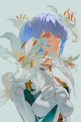Rule 34 | 1girl, absurdres, ayanami rei, blue hair, bodysuit, breasts, eyebrows hidden by hair, flower, grey background, hand on own chest, highres, interface headset, lily (flower), looking up, neon genesis evangelion, piasu029, pilot suit, plugsuit, red eyes, short hair, simple background, skin tight, small breasts, solo