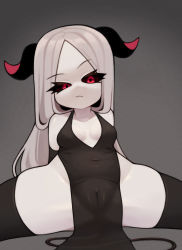 Rule 34 | 1girl, black dress, black sclera, breasts, cameltoe, cleft of venus, colored sclera, covered navel, curvy, demon girl, demon horns, demon tail, dress, frown, grey hair, highres, horns, original, raised eyebrow, red eyes, shortstack, small breasts, solo, spread legs, tail, thighhighs, thighs, wide spread legs, zombiemiso