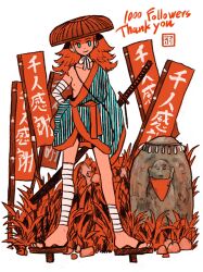 Rule 34 | 1girl, arm wrap, artist logo, asymmetrical legwear, blue eyes, breasts, closed mouth, english text, full body, geta, grass, hand on own hip, hat, highres, japanese clothes, jingasa, jizou, katana, leg wrap, limited palette, long hair, long sleeves, looking at viewer, milestone celebration, original, red hair, red hat, sheath, sheathed, simple background, small breasts, smile, solo, standing, sword, tengu-geta, thank you, translation request, tsurikawa373, uneven legwear, weapon, weapon behind back, white background, wide sleeves