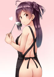 Rule 34 | 1girl, apron, ass, back, blush, breasts, brown eyes, gradient background, hagikaze (kancolle), heart, highres, kamelie, kantai collection, long hair, medium breasts, naked apron, purple hair, smile, solo