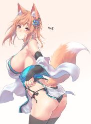 Rule 34 | 1girl, animal ear fluff, animal ears, ass, back, bare shoulders, beige background, black panties, black thighhighs, blue flower, blue sash, blush, breasts, commentary request, dated, detached sleeves, flower, fox ears, fox girl, fox tail, from side, hair flower, hair ornament, holding, japanese clothes, large breasts, looking at viewer, looking to the side, medium hair, obi, orange hair, original, panties, red eyes, sash, sawaya (mizukazu), sideboob, simple background, solo, standing, tail, thighhighs, underwear, wide sleeves