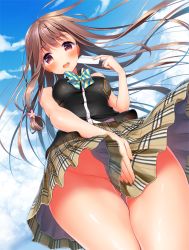 Rule 34 | between legs, blush, bow, bowtie, breasts, brown eyes, brown hair, cloud, day, flower, fujinomiya neko, hair flower, hair ornament, hand between legs, long hair, looking at viewer, masamune-kun no revenge, medium breasts, minami (apricot tea), mole, mole on arm, mole under eye, no panties, open mouth, plaid, plaid skirt, pleated skirt, school uniform, skirt, sky, sleeveless, smile, solo, thick thighs, thighs, wind, wind lift