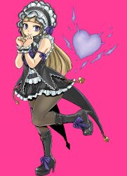 Rule 34 | 1girl, alice (gate of nightmares), black footwear, black pantyhose, blonde hair, boots, bow, flower, footwear bow, full body, gate of nightmares, hair flower, hair ornament, heart, high heel boots, high heels, highres, knee boots, long hair, looking at viewer, maid, maid headdress, mashima hiro, official art, pantyhose, purple bow, purple eyes, purple flower, purple rose, rose, scrunchie, simple background, sleeveless, solo, transparent background, wrist scrunchie