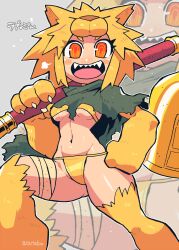 Rule 34 | 1girl, animal feet, animal hands, bell, blonde hair, blush, bra, breasts, cape, commentary request, commission, feet out of frame, fox girl, fox hat, green cape, grey background, highres, holding, holding staff, looking at viewer, medium breasts, midriff, moonlight flower, navel, open mouth, orange eyes, panties, ragnarok online, rariatto (ganguri), second-party source, sharp teeth, shiny skin, short hair, skeb commission, smile, solo, staff, teeth, torn cape, torn clothes, twitter username, underboob, underwear, yellow bra, yellow fur, yellow panties, zoom layer