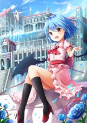 Rule 34 | 1girl, ascot, bat wings, black socks, blue flower, blue hair, blue rose, blue sky, building, commentary request, day, dress, flower, full body, hand up, highres, kneehighs, looking at viewer, no headwear, open mouth, outdoors, pink dress, puffy short sleeves, puffy sleeves, red ascot, red eyes, red footwear, red sash, remilia scarlet, renka (cloudsaikou), rose, sash, short hair, short sleeves, sitting, sky, smile, socks, solo, thighs, touhou, wings