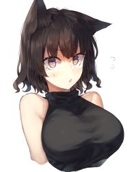 Rule 34 | 1girl, animal ear fluff, animal ears, bad id, bad pixiv id, bare shoulders, breasts, brown eyes, brown hair, chestnut mouth, commentary request, cropped torso, flying sweatdrops, highres, large breasts, looking at viewer, original, parted lips, short hair, simple background, sleeveless, solo, suminagashi, upper body, v-shaped eyebrows, white background, wolf ears
