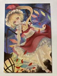Rule 34 | 1girl, absurdres, ascot, back bow, blonde hair, bobby socks, bow, closed mouth, collared shirt, dusk, dutch angle, flandre scarlet, frilled shirt collar, frills, glitter, hat, highres, lantern, light smile, long hair, looking at viewer, mary janes, mob cap, mosho, multicolored wings, one side up, outdoors, petticoat, photo (medium), puffy short sleeves, puffy sleeves, red bow, red eyes, red footwear, red petals, red ribbon, red skirt, red vest, ribbon, shirt, shoes, short sleeves, skirt, sleeve bow, sleeve ribbon, socks, solo, touhou, traditional media, vest, white bow, white hat, white shirt, white socks, wings, yellow ascot