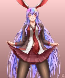 1girl, absurdres, alternate costume, animal ears, bangs, blazer, blouse, blush, breasts, bunny ears, buttons, cleavage, collared blouse, crescent, crescent pin, eyebrows visible through hair, heart, heart-shaped pupils, highres, jacket, light purple hair, long hair, long sleeves, looking at viewer, necktie, open clothes, pantyhose, purple hair, red eyes, red neckwear, reisen udongein inaba, renzibun, simple background, skirt, skirt lift, smile, solo, symbol-shaped pupils, touhou, white blouse