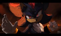 1boy black_fur bracelet gloves gold_bracelet hedgehog highres jewelry red_eyes red_fur sd101h00 shadow_the_hedgehog sonic_(live_action) sonic_(series) sonic_the_hedgehog_3_(film) two-tone_fur upper_body white_gloves