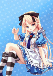 Rule 34 | 1girl, absurdres, alice (alice in wonderland), alice in wonderland, blonde hair, blue eyes, bow, crossed legs, dress, hair bow, heart, highres, juliet sleeves, lingerie, long sleeves, miyama-zero, naughty face, necktie, petticoat, puffy sleeves, sitting, socks, solo, striped clothes, striped socks, striped thighhighs, thighhighs, underwear