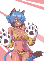 Rule 34 | 1girl, 2022, ahoge, alternate costume, animal ears, animal hands, animal nose, animal print, arms up, bare shoulders, bikini, black hair, blue hair, body fur, body writing, brand new animal, breasts, chinese zodiac, choker, claws, cleavage, female focus, furry, furry female, gloves, hair between eyes, highres, kagemori michiru, lewdamone, micro bikini, multicolored eyes, multicolored hair, navel, o-ring, o-ring bikini, o-ring top, open mouth, paw gloves, pink eyes, print bikini, raccoon ears, raccoon girl, smile, standing, swimsuit, tail, third-party edit, tiger print, two-tone hair, year of the tiger