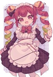 Rule 34 | 1girl, apple, apple peel, apron, back bow, black bow, black dress, bow, bowtie, commentary request, dot nose, dress, drill hair, food, food-themed hair, frilled apron, frills, fruit, green hair, hair bow, hand up, highres, juliet sleeves, long hair, long sleeves, looking at viewer, maid apron, maid headdress, multicolored hair, open mouth, original, pantyhose, puffy sleeves, red bow, red bowtie, red hair, smile, solo, tetolapis, twin drills, white apron, white pantyhose, yellow nails