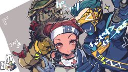 Rule 34 | &gt; &lt;, 1boy, 1girl, 1other, ambiguous gender, animification, apex legends, bloodhound (apex legends), blue gloves, blue jacket, brown eyes, cable, dark-skinned female, dark skin, double bun, fast fashion octane, gloves, goggles, hair bun, hair slicked back, headband, headset, highres, holding, jacket, lifeline (apex legends), looking ahead, mask, mask around neck, mouth mask, nozomu144, octane (apex legends), official alternate costume, puckered lips, rebreather, red hair, selfie stick, speech bubble, visor, white headband