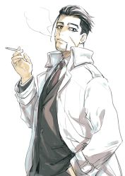 Rule 34 | 1boy, alternate costume, black eyes, black hair, cigarette, closed mouth, facial hair, scar on face, formal, goatee, golden kamuy, hair strand, isa (peien516), jacket, long sleeves, looking at viewer, male focus, necktie, ogata hyakunosuke, open clothes, open jacket, scar, scar on cheek, scar on face, shirt, short hair, simple background, smoke, solo, upper body, winter clothes