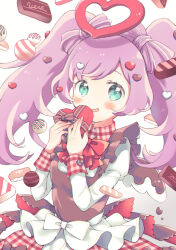 Rule 34 | 1girl, ahoge, blue eyes, blush, bow-shaped hair, box, candy, chocolate, chocolate heart, commentary request, cowboy shot, dress, food, gift, gift box, halo, hands up, heart, heart-shaped box, heart halo, holding, holding gift, juliet sleeves, long hair, long sleeves, looking at viewer, manaka laala, multicolored clothes, multicolored dress, nanafushi sodatsu, open mouth, pretty series, pripara, puffy sleeves, purple hair, red halo, smile, solo, standing, twintails, valentine, very long hair