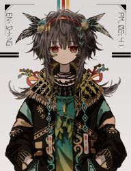 Rule 34 | 1girl, absurdres, androgynous, azzz (7334080), brown eyes, brown hair, expressionless, feathers, hands in pockets, highres, jewelry, leaf, looking at viewer, necklace, original, ribbon, shadow, short hair with long locks, solo, upper body