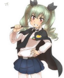 Rule 34 | 1girl, anchovy (girls und panzer), belt, black cape, black necktie, black ribbon, blue skirt, cape, collared shirt, commentary, drill hair, girls und panzer, green hair, grin, hair between eyes, hair ribbon, hand on own hip, highres, long hair, long sleeves, looking at viewer, necktie, pantyhose, pleated skirt, red eyes, ribbon, riding crop, shirt, simple background, skirt, smile, solo, thin (suzuneya), twin drills, v-shaped eyebrows, white background, white shirt, wing collar