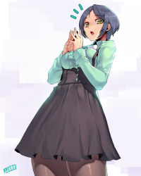 Rule 34 | 10s, 1girl, :o, ^^^, artist name, black dress, black hair, black pantyhose, bow, bowtie, buttons, center frills, collared shirt, cowboy shot, dress, frills, gradient background, green shirt, hayami kanade, highres, idolmaster, idolmaster cinderella girls, jjune, long sleeves, looking at viewer, open mouth, own hands together, pantyhose, parted bangs, purple background, shaded face, shirt, short hair, simple background, solo, tan, white bow, white bowtie, yellow eyes