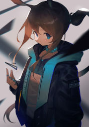 Rule 34 | 1girl, amiya (arknights), animal ears, arknights, black jacket, blue eyes, blurry, blurry foreground, brown hair, closed mouth, commentary request, depth of field, eyebrows hidden by hair, grey background, hair between eyes, hand up, highres, hood, hood down, hooded jacket, jacket, long hair, looking at viewer, miyama (tokiwairo8), open clothes, open jacket, ponytail, rabbit ears, shirt, solo, very long hair, white shirt
