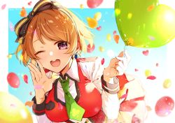 Rule 34 | 1girl, artist name, artist request, balloon, black bow, black thighhighs, blue sky, blush, bow, breasts, brown hair, cloud, clover print, collared shirt, earrings, female focus, green necktie, hair between eyes, hair bow, hair ribbon, highres, holding, holding balloon, jewelry, koizumi hanayo, looking at viewer, love live!, love live! school idol project, medium breasts, necktie, one eye closed, outdoors, purple eyes, ribbon, shirt, short hair, sky, smile, solo, spade (shape), spade earrings, standing, striped, striped bow, sunny day song, thighhighs, v, wasa (pixiv29582664), zettai ryouiki