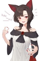 Rule 34 | 1girl, alternate hairstyle, animal ear fluff, animal ears, brooch, brown hair, collarbone, commentary request, dress, fingernails, highres, imaizumi kagerou, jewelry, kanpa (campagne 9), long hair, long sleeves, looking at viewer, nail polish, open mouth, red dress, red eyes, red nails, simple background, solo, touhou, upper body, white background, white dress, wolf ears